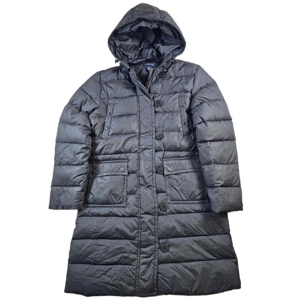 Lands End Long Down Puffer Coat Womens Medium Black Insulated Hooded Parka